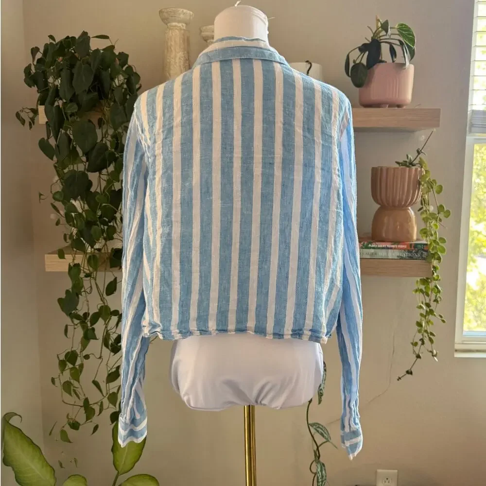 Cynthia Rowley 100% Linen Blue White Striped Button Down Shirt Large Nautical
